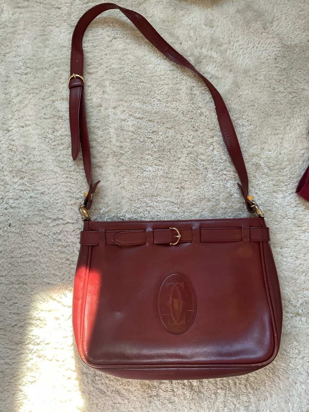Cartier Burgundy Leather Shoulder Bag with Gold Hardware